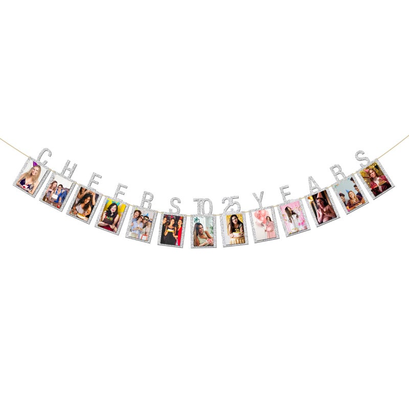 INNORU Cheers to 25 Years Photo Banner with Photo Frame 25th Birthday Sign Bunting 25th Marriage Anniversary Birthday Milestone Anniversary Party Photo Banner Decoration, Glitter Silver - Image 1